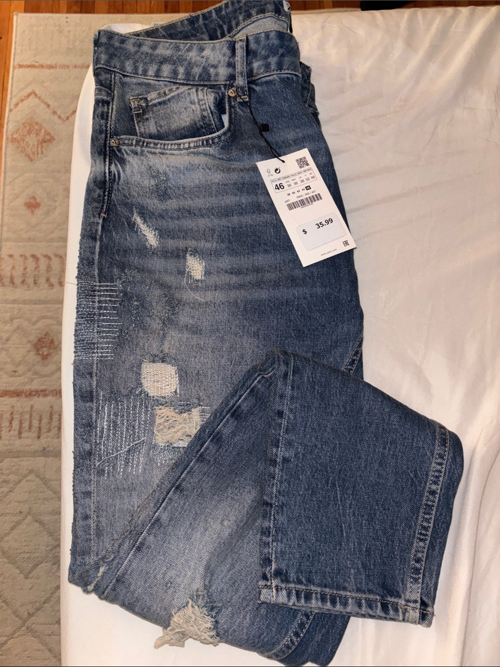 Zara Men's Straight Distressed Denim Jeans - Blue